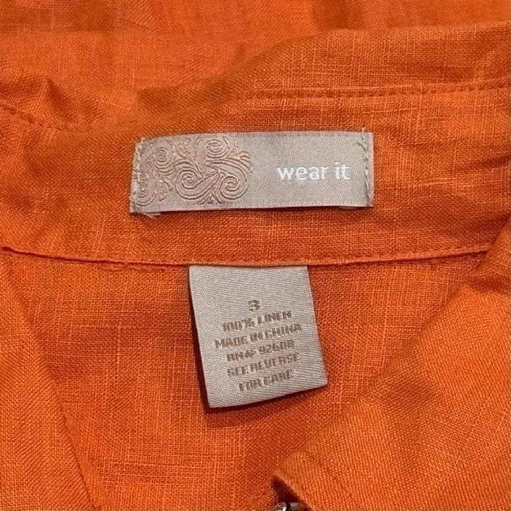 Wear It Orange Button-Up 100% Linen Artsy Lagenlook Summer Size M/L